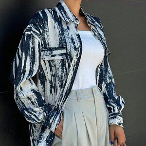 Royal Blue Casual Women's Random Print Loose Long Sleeve Shirt